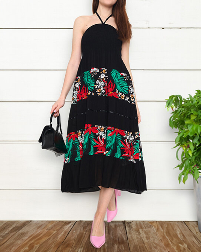 Rochie midi neagră cu flori de damă - Îmbrăcăminte