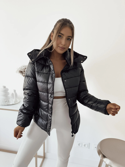 Royalfashion Jachetă matlasată neagră pentru femei cu glugă