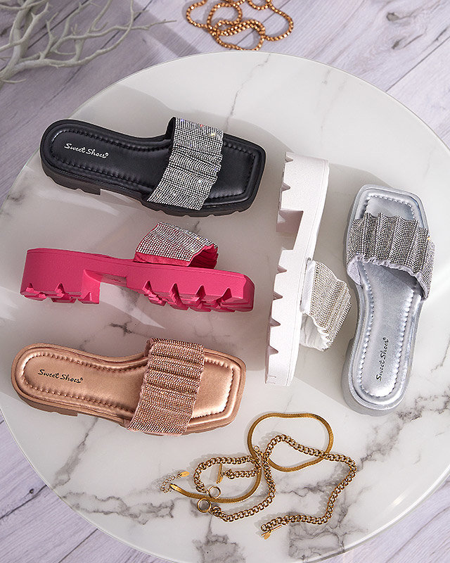 OUTLET Papuci de dama negri cu zirconiu Emkoy- Incaltaminte