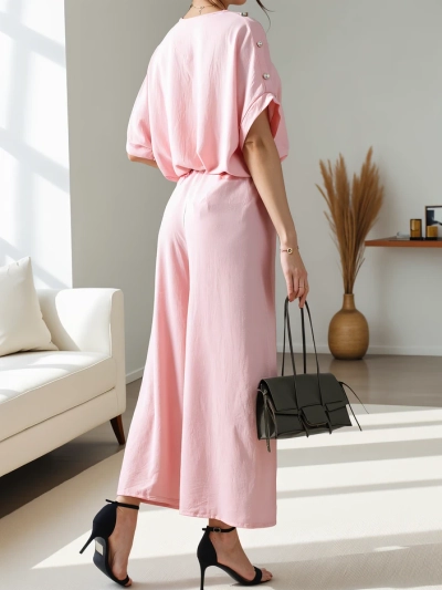 Royalfashion Set casual pentru femei, cu bluză cu mânecă scurtă și pantaloni largi