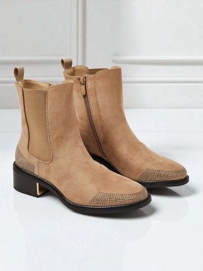 Botine de damă din piele ecologică întoarsă, decorate cu zirconii TangleMist