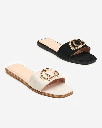 Papuci bej din piele intoarsa ecologica cu ornament Hana auriu - Incaltaminte