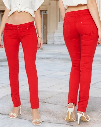 Pantaloni roșii din pânză cu talie joasă pentru damă - Îmbrăcăminte