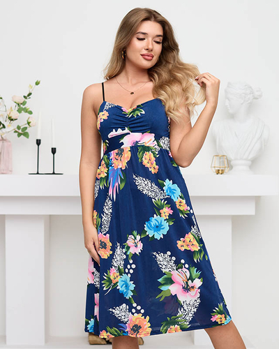 Rochie florală bleumarin până la genunchi - Îmbrăcăminte