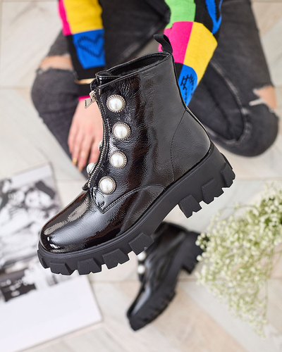 Royalfashion Cizme cu perle lăcuite pentru femei negre Asiciu