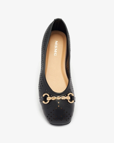 Balerini negri de damă traforați cu ornament auriu Serilla- Footwear