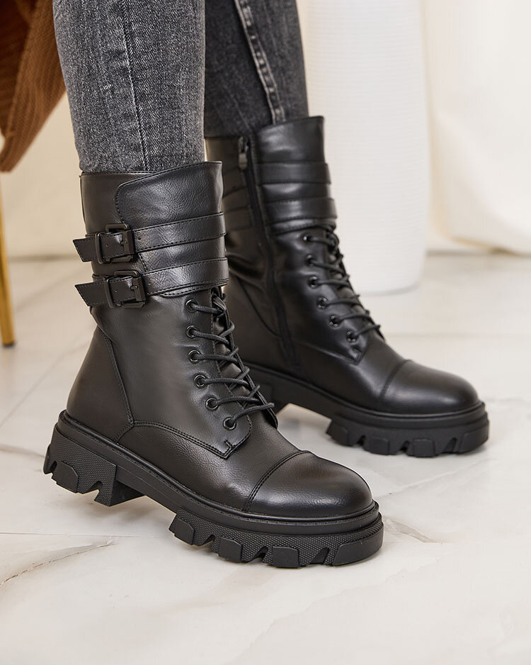 Royalfashion Cizme bagger de damă din piele ecologică de culoare neagră Faserti