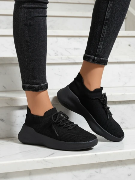 Sneakers de Damă Aura Nero Negri din Material Textil cu Talpă Plată de 4.5cm