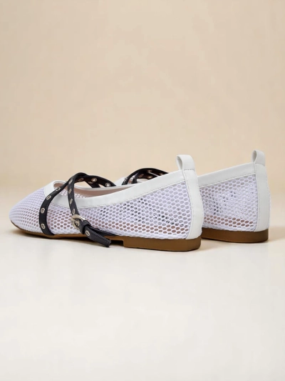 Balerini Royalfashion Calista Bianca – pantofi de damă albi tip plasă cu barete negre