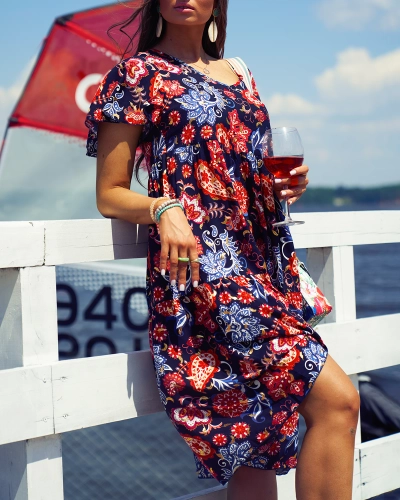 Royalfashion Rochie de damă albastru marin cu model floral colorat