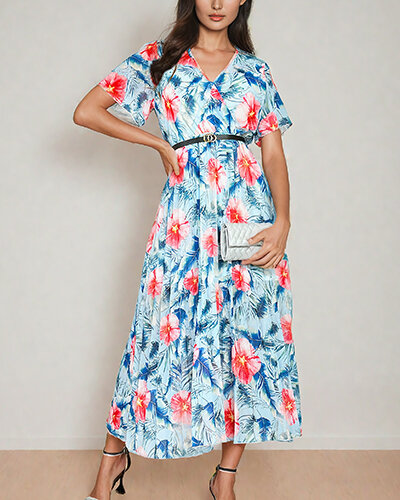 Royalfashion Rochie midi plisată cu motive florale pentru femei