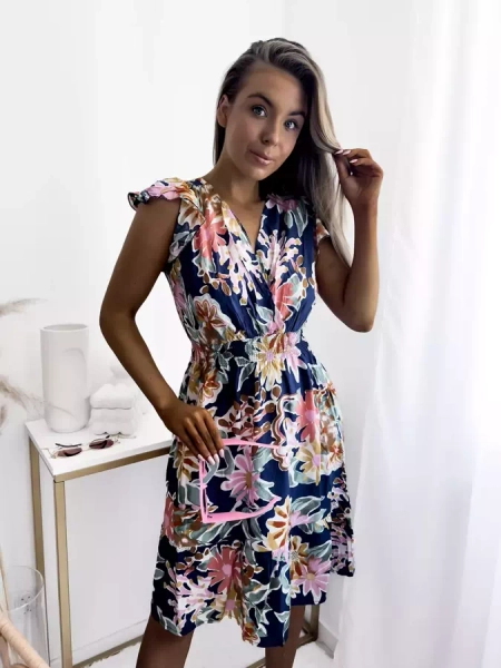 Rochie mini de damă albastru marin cu imprimeu floral - Îmbrăcăminte