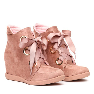 Różowe sneakersy na krytym koturnie wiązane wstążką Andi- Obuwie