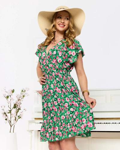Rochie scurtă verde și roz cu imprimeu pentru femei - Îmbrăcăminte
