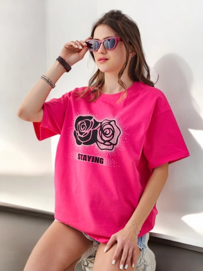 Royalfashion Tricou pentru femei din bumbac cu floare de trandafir