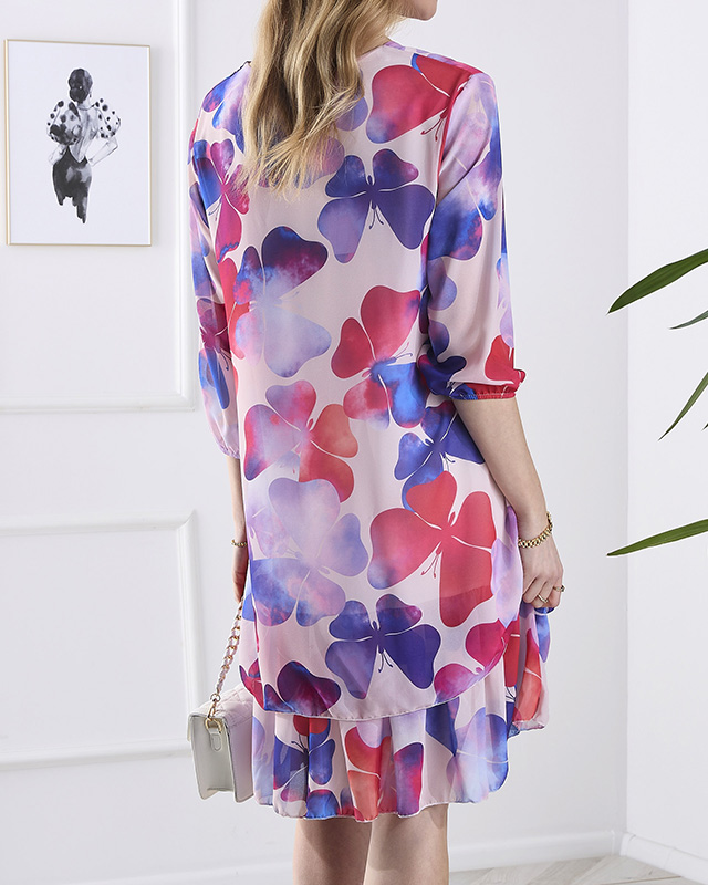 Rochie mov de damă până la genunchi cu imprimeu și volan- Îmbrăcăminte