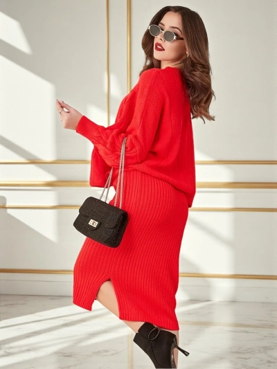 Royalfashion Set de femei împletit din acrilic cu sweater și fustă Warm&Fuzzy