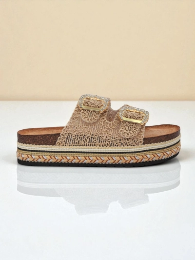 Royalfashion Sandale de damă cu catarame cu pietre GlamCork