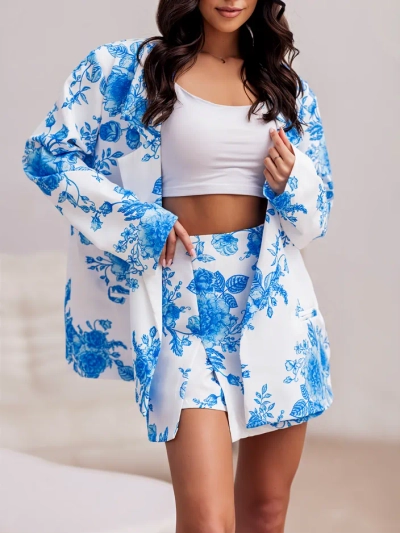 Royalfashion Set floral pentru femei cu blazer legat și fustă-pantaloni scurți