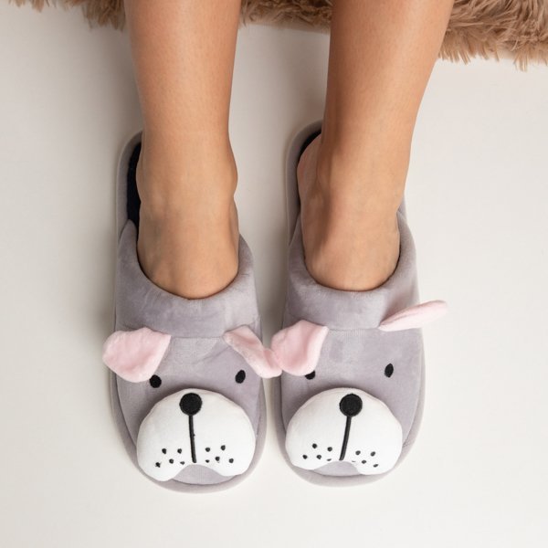 Papuci gri pentru femei cu câine Doggi - Pantofi