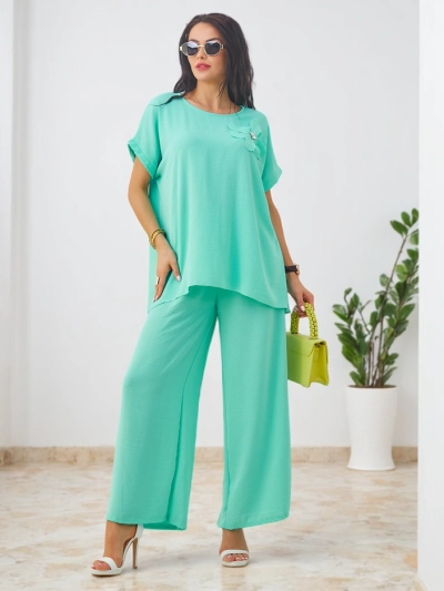 Set Royalfashion pentru femei cu mâneci scurte, floare decorativă și pantaloni largi