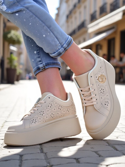 Aurelia Beżowe Sneakersy Platforma Royalfashion Skóra Eko