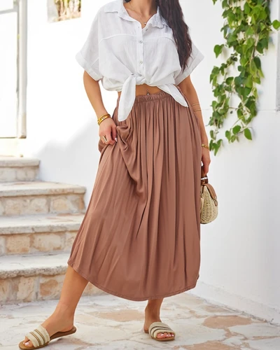 Fustă midi de vară Royalfashion pentru femei, țesută, ușoară și fluidă, cu două buzunare