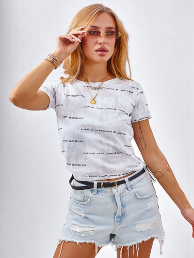 Royalfashion Tricou de damă din bumbac cu șnururi laterale, inscripții și sclipici