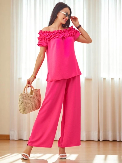 Royalfashion Set femei cu bluză off-the-shoulder cu mâneci scurte și decolteu decorativ și pantaloni evazați