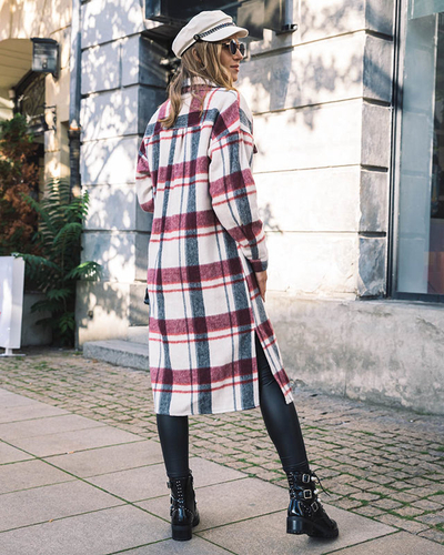 Jachetă de damă cu carouri maro peste genunchi - Îmbrăcăminte