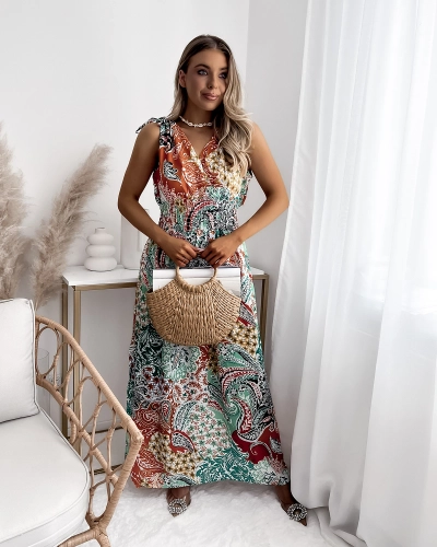 Rochie midi de damă verde și portocalie cu motive, verde și portocaliu Îmbrăcăminte