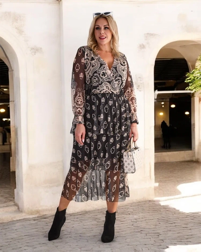 Royalfashion Rochie midi din plasă neagră și bej cu imprimeu