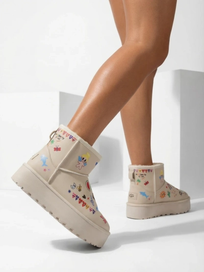 Botki Lemuria - Kremowe Śniegowce Doodle na Grubej Podeszwie Furrini