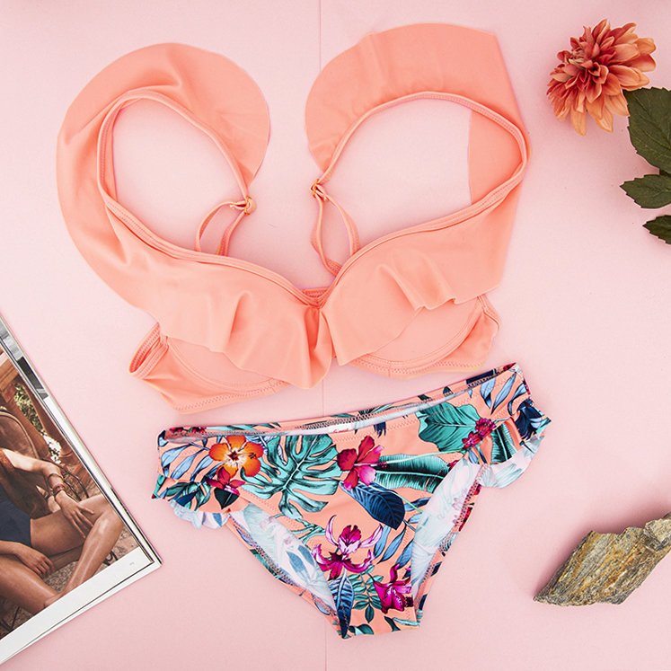 Costum de baie floral portocaliu - lenjerie de corp