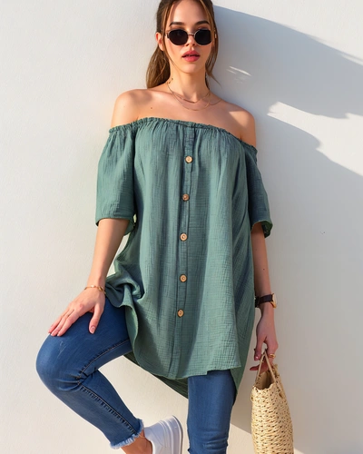 Bluza din bumbac pentru femei Royalfashion a'la Spaniolă cu butoane decorative