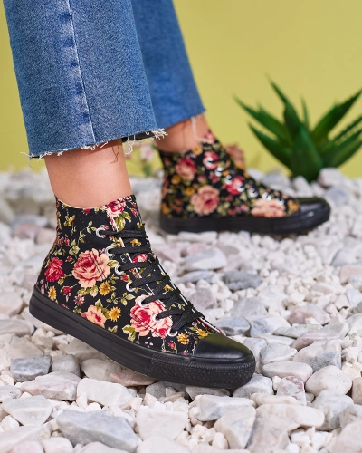 Royalfashion Adidași înalți de damă negri cu imprimeu floral Fahenna
