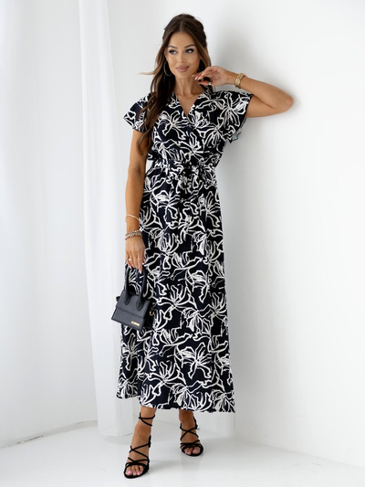 Royalfashion Rochie midi de damă cu model, mâneci scurte, decolteu petrecut și curea