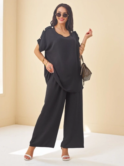 Set de bumbac Royalfashion pentru femei, cu mâneci scurte și pantaloni largi