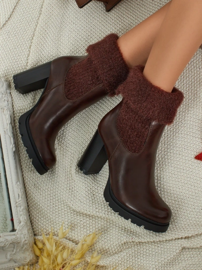 Botine de damă din piele ecologică cu toc gros și tricot Tirave