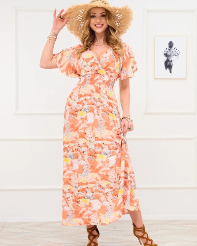 Rochie lungă de damă portocalie cu model la modă - Îmbrăcăminte