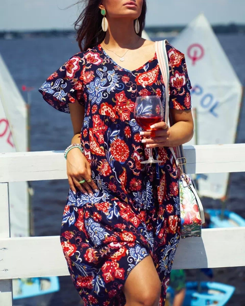 Royalfashion Rochie de damă albastru marin cu model floral colorat