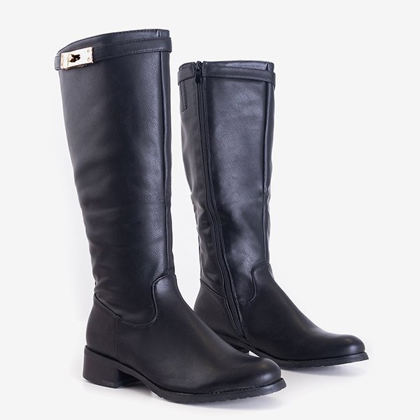 Cizme negre până la genunchi, cu toc plat de la Cavallina - Pantofi