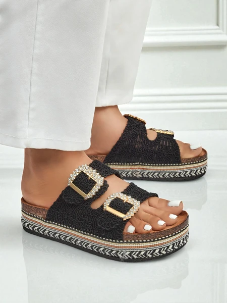 Royalfashion Sandale de damă cu catarame cu pietre strălucitoare GlamCork