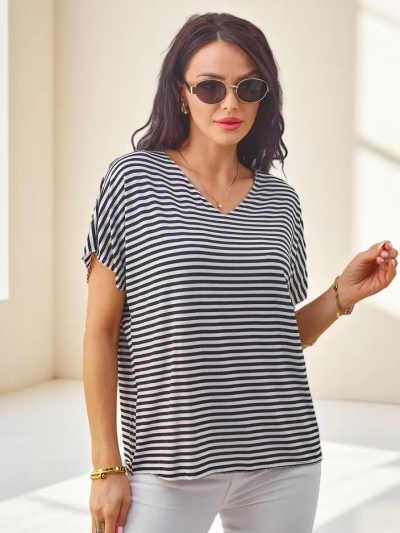 Bluză din vâscoză striped Royalfashion pentru femei, cu mâneci scurte și finisaj strălucitor