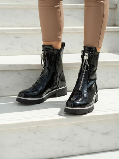 Botine de damă din piele ecologică lăcuită cu zirconiu Nuvina