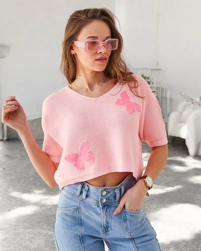 Royalfashion Pulover scurt pentru femei din bumbac cu fluturi