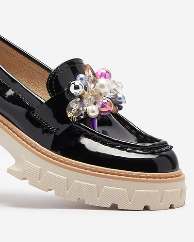 Mocasini de damă lăcuiți negri cu ornament Leliab- Footwear