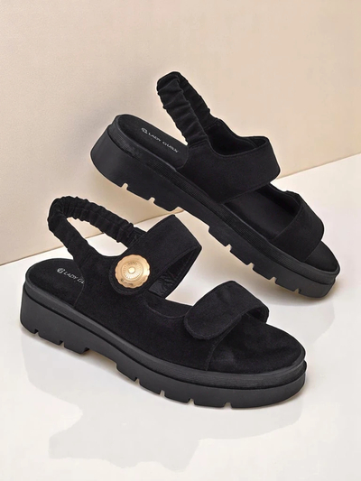 Sandale damă Royalfashion Anthea Nero – piele de căprioară neagră, platformă 5 cm