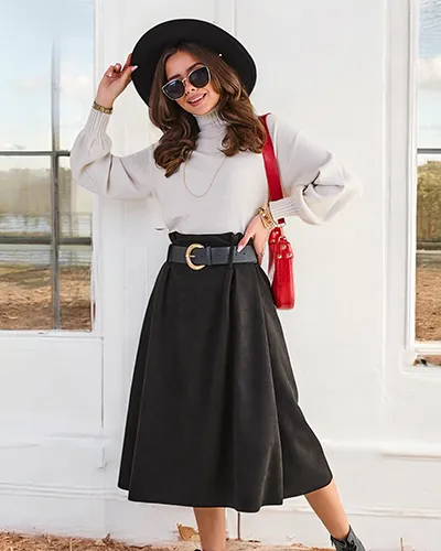 Fusta midi pentru femei Royalfashion a' la piele intoarsa