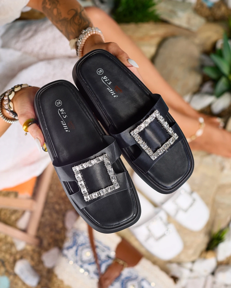 Royalfashion Șlapi de damă negri cu cristale Telika